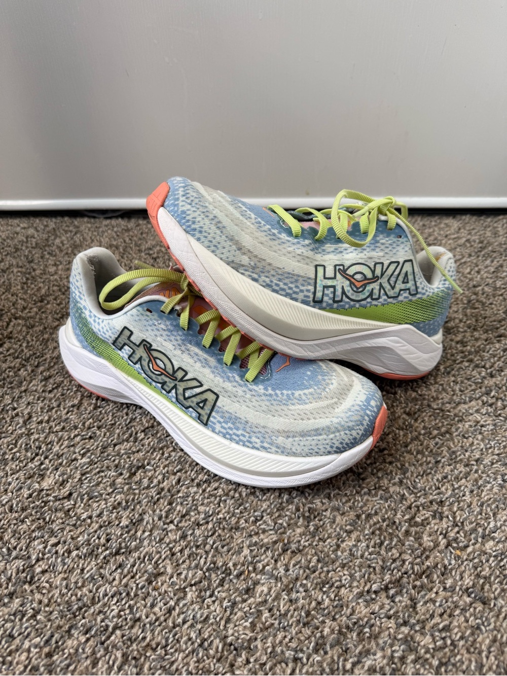 Hoka one one mach X Women's Blue Knit Running Shoes with Lime Laces and Coral